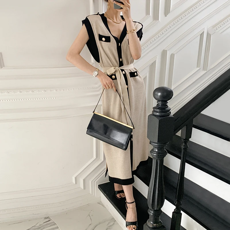 

French Retro Elegant V-neck Metal Single Breasted Lace Up Sleeveless Knit Dress Women Summer Korean Split Cardigan Midi Dress