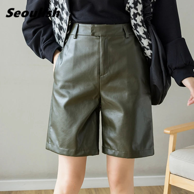 

Новинка 2021, осенне-зимние полубрюки Seoulish из искусственной кожи для женщин, широкие брюки с высокой талией, винтажные Женские Брюки с кармана...