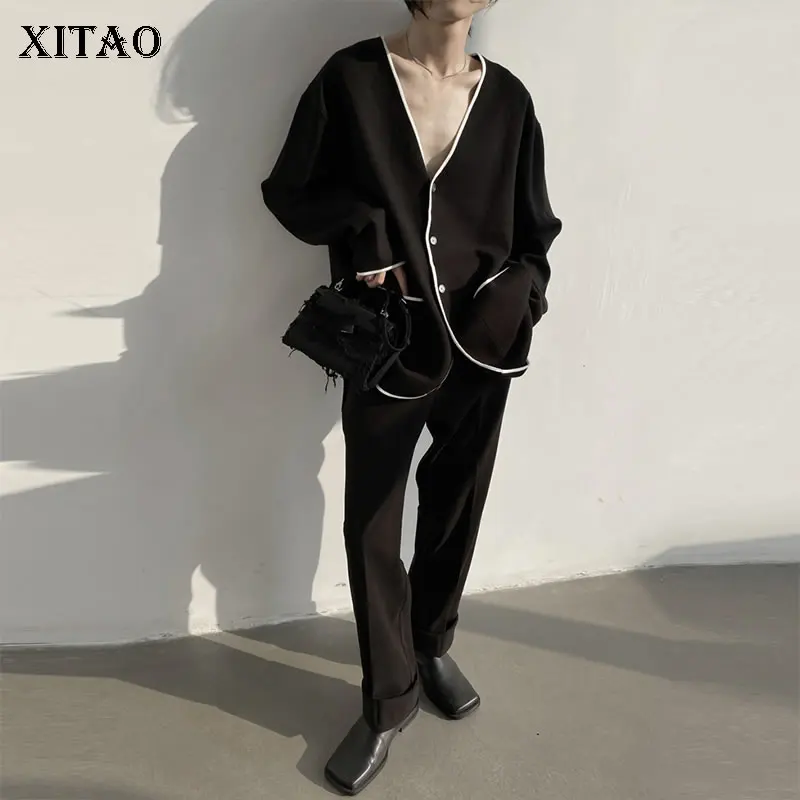 

XITAO Patchwork Pocket V-neck Loose Single Breasted Cardigan 2022 Spring New Casual Fashion Temperament All Match GWJ2523