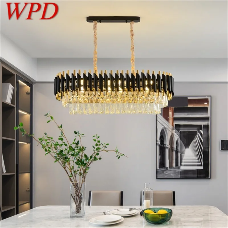 

WPD Black Chandelier Fixtures Postmodern Luxury Crystal Rectangle Pendant Lamp Light Home LED for Living Dining Room