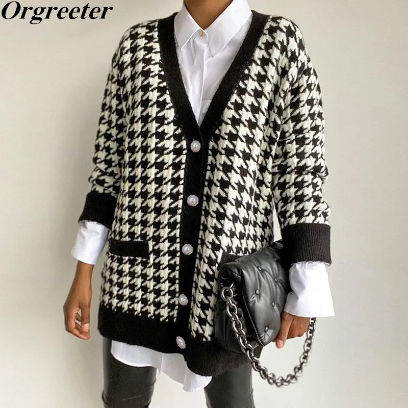 

Вязаный кардиган в клетку, Женский однобортный свободный свитер с V-образным вырезом и длинным рукавом, Осень-зима 2021