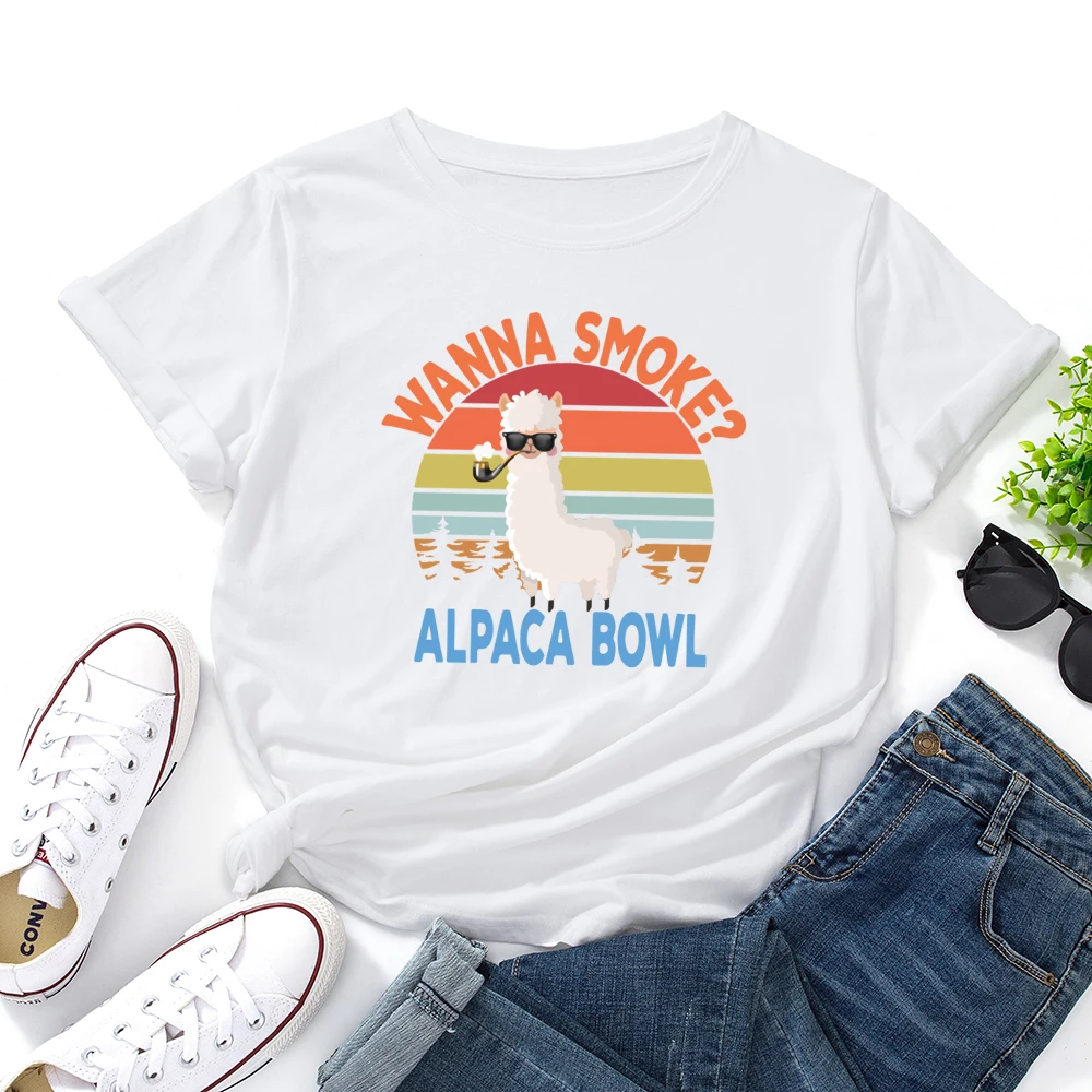 Wanna Smoke Alpaca Bowl T-Shirt Funny Llama Shirts for Women Female Graphic Tee Short Sleeve Summer Shirts Tops Shirt Animal