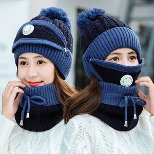 2020 New 3 Pieces Set Women's Knitted Hat Scarf Caps Neck Warmer Winter Hat For Ladies Girls Skullie in India
