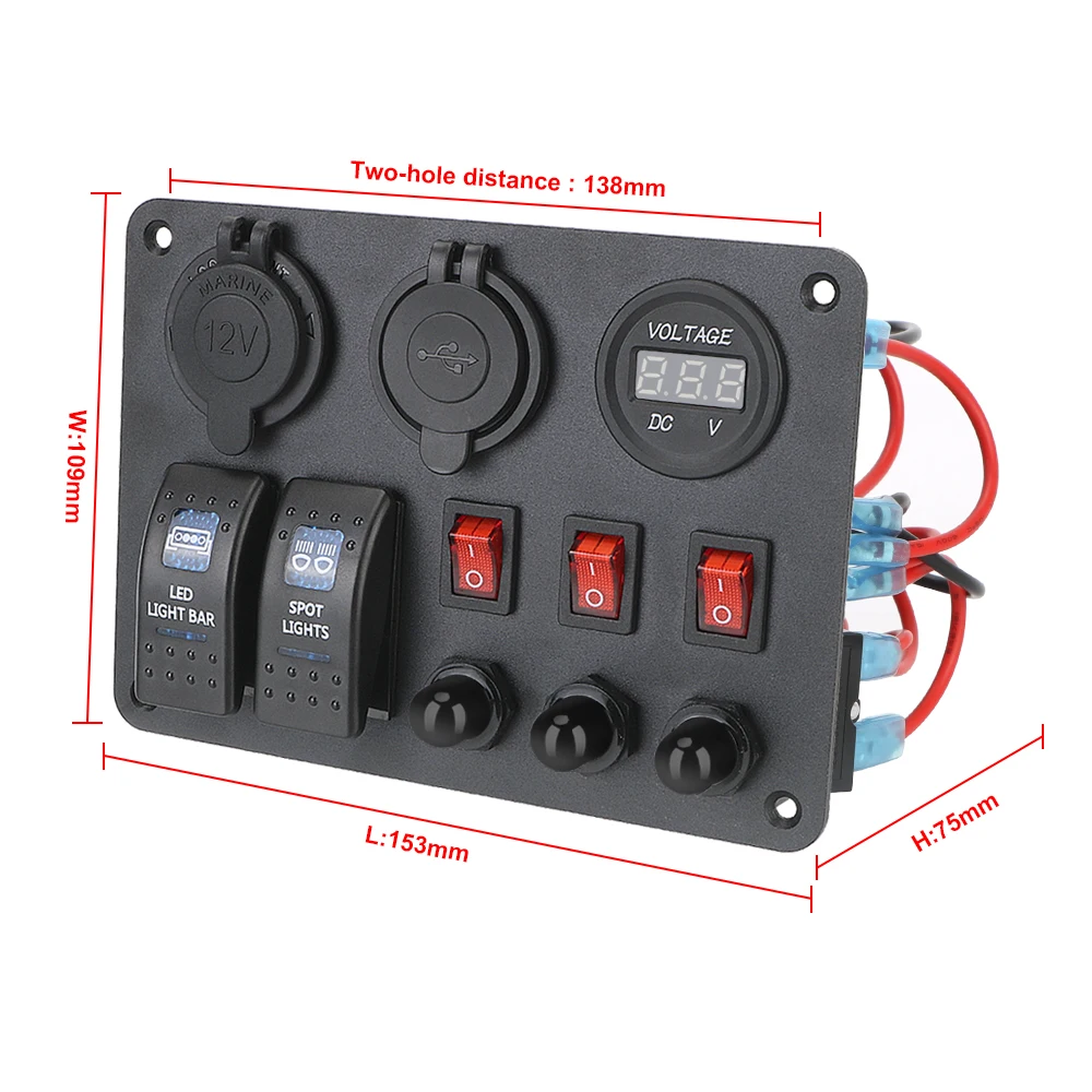 

Digital Voltmeter With Overload Protector Car Marine RV Circuit LED Breaker 2+3 Gang Rocker Switch Panel Dual USB Ports