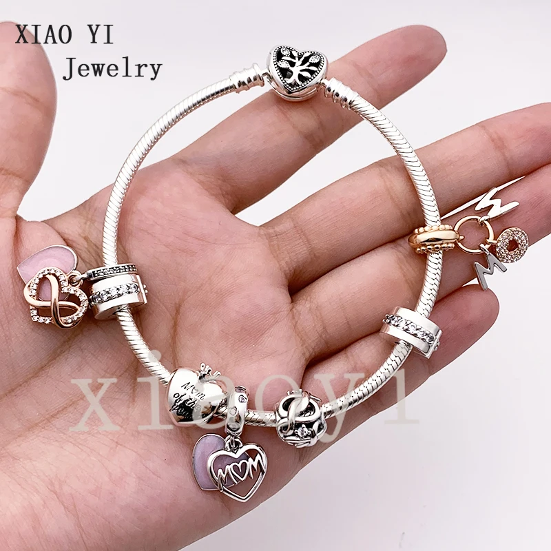 

XIAOYI 2020 New 100% S925 Pink letter tag heart heart crown clip tree of Life temperament gentle bracelet Mother's Day gift