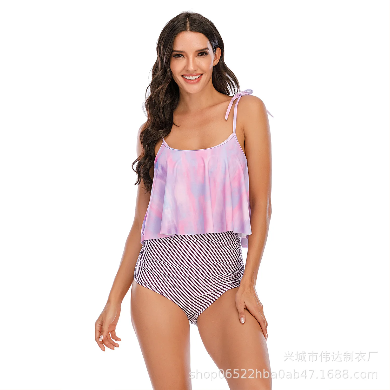 Женский раздельный купальник Bella Philosophy розовый с высокой талией и оборками