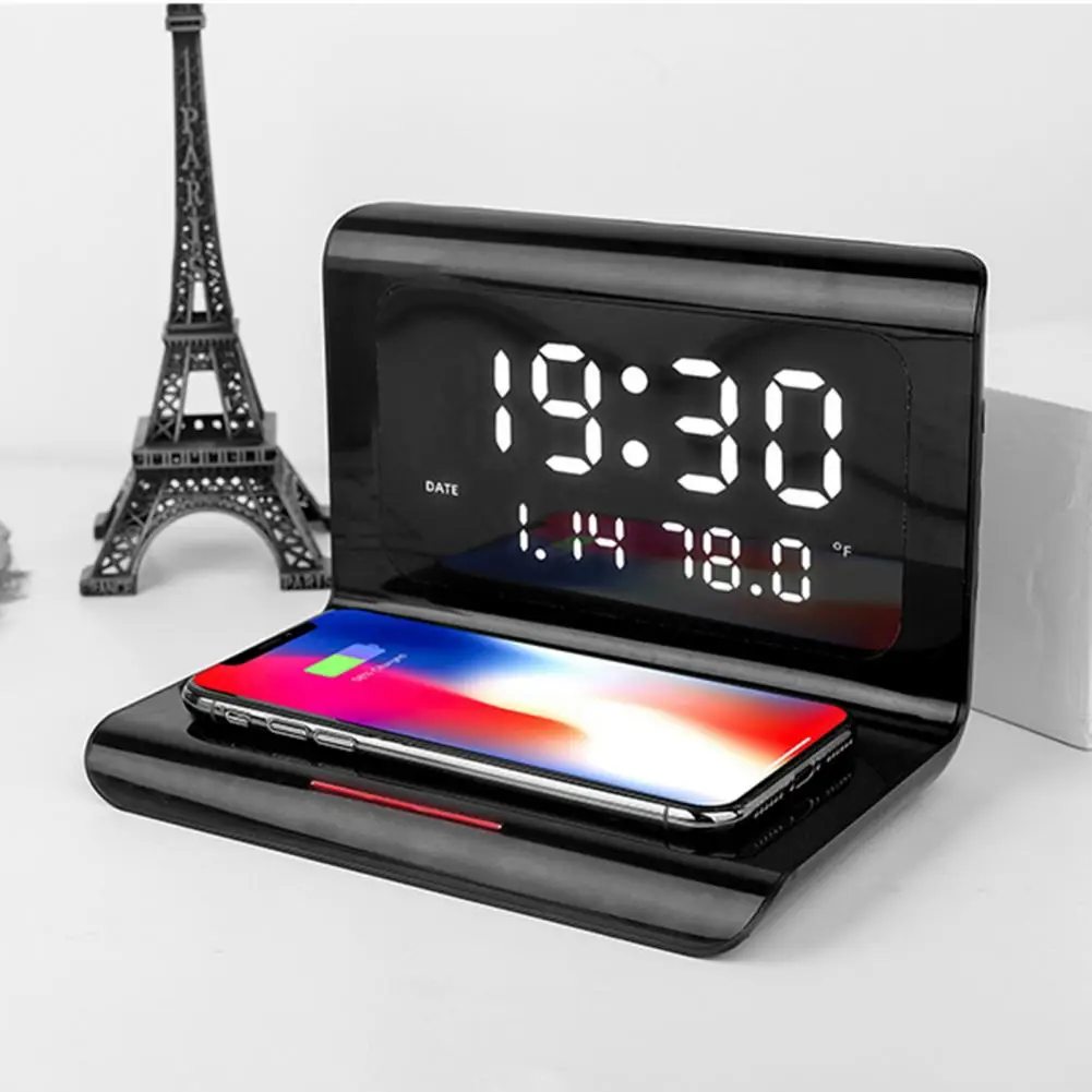 creative wireless super charger phone charging station with digital alarm clock mirror alarm clock thermometer electronic clock free global shipping