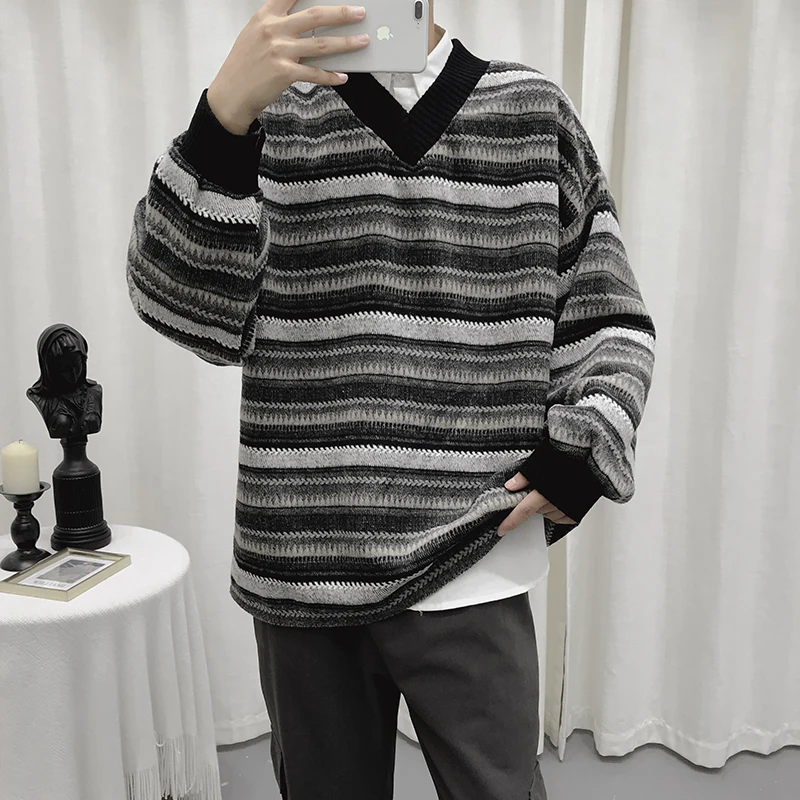 2019 Мужское пальто с принтом в темную полоску флисовый пуловер v-образным вырезом