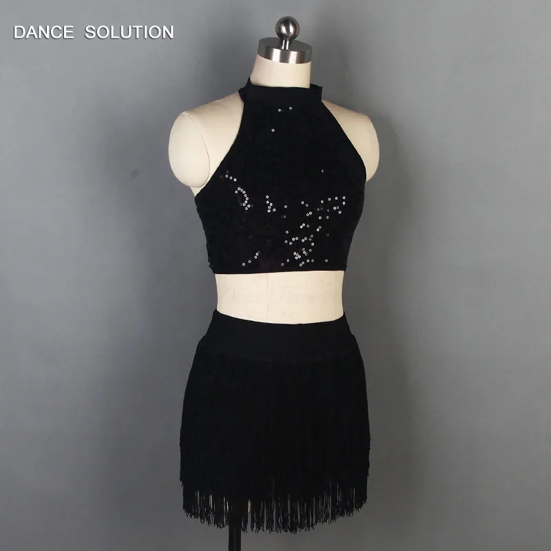 Унитард с Черными Блестками и юбкой бахромой танцевальная одежда лямкой на шее