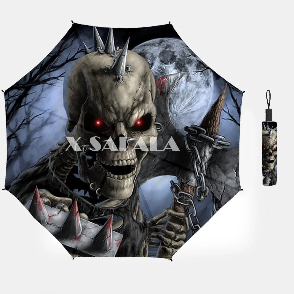 

Love Skull Head Trippy Style 3D Printed Umbrella Automatic Turn On/Off Three-Folding Rain Sunshade Windproof 12 Ribs-2
