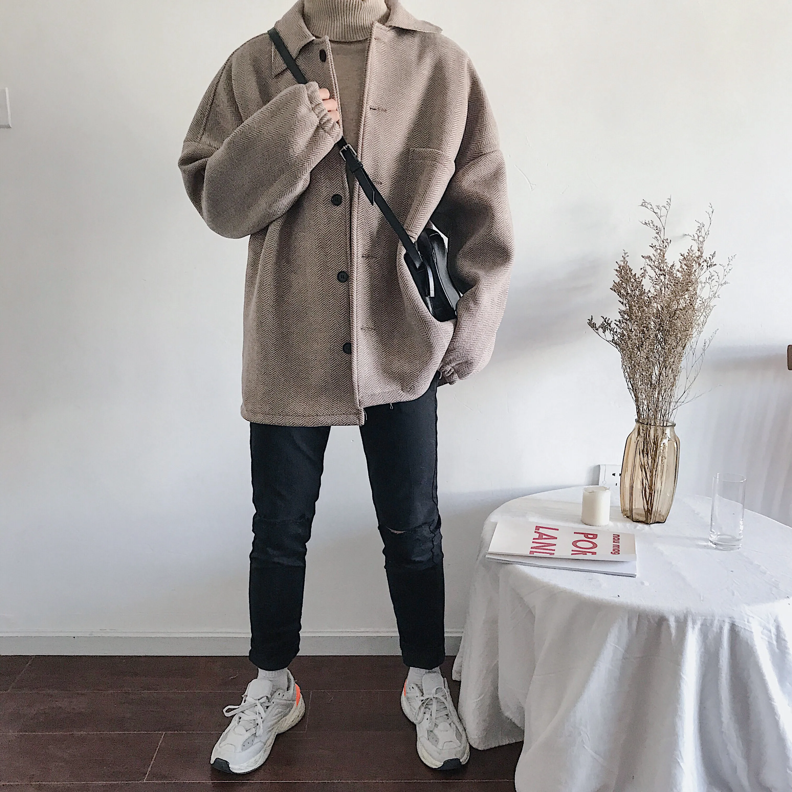 Мужской свободный Тренч из смесовой шерсти светло коричневое свободное