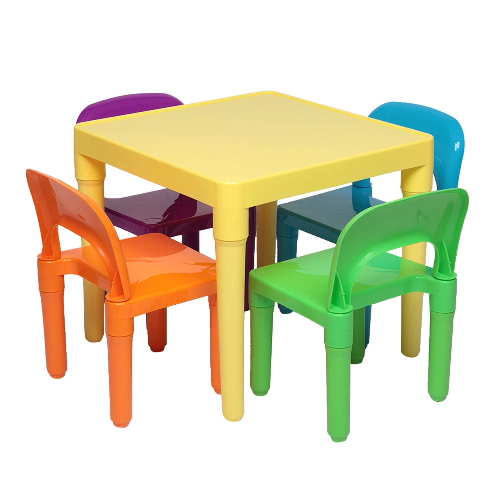 Kids Plastic Table Chair Set Colorful 1 Desk 4 Chairs Children Learning Writing Study Play Games Home Kindergarden School Yellow