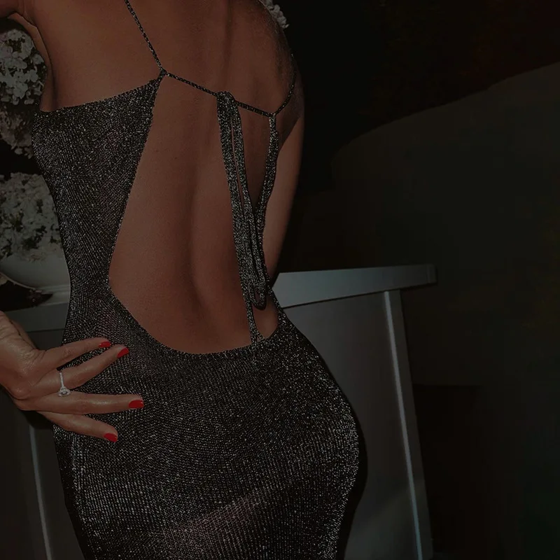 

SKMY Shiny Split Lace-Up Backless Spaghetti Strap Dress Fall Clothes For Women Sexy Party Evening Midi Dress Sleeveless