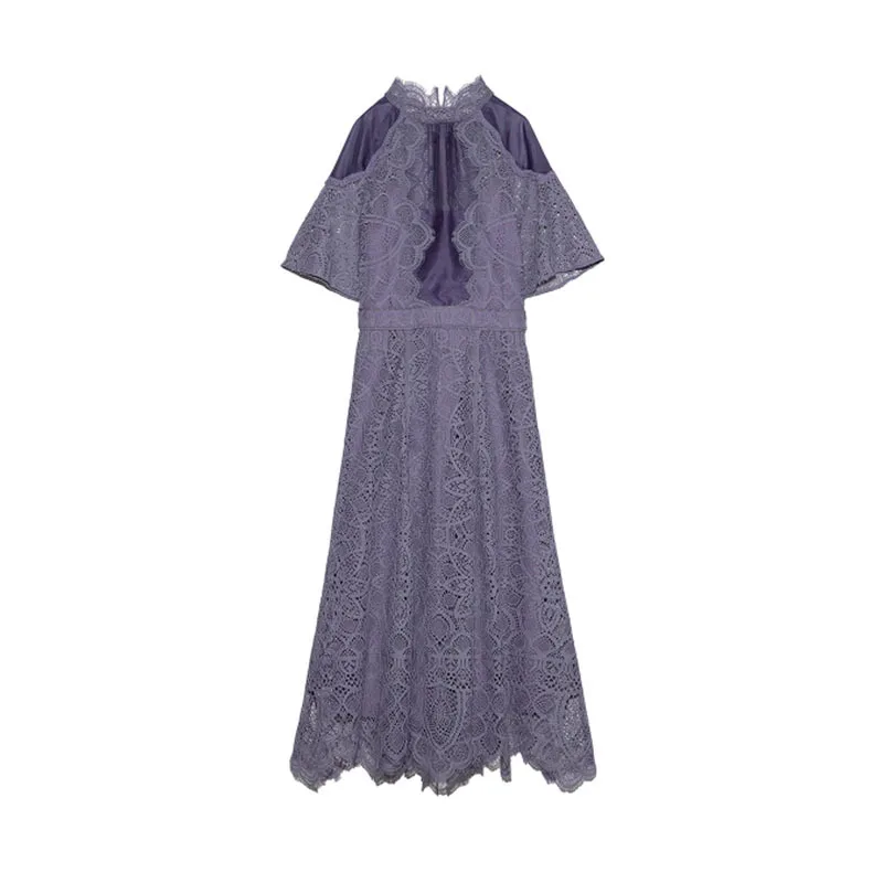 

Chic Stand Collar High Waist Vestidos Elegant Mid-length Lace Patchwork Women Dress Japan Style All-match Dresses