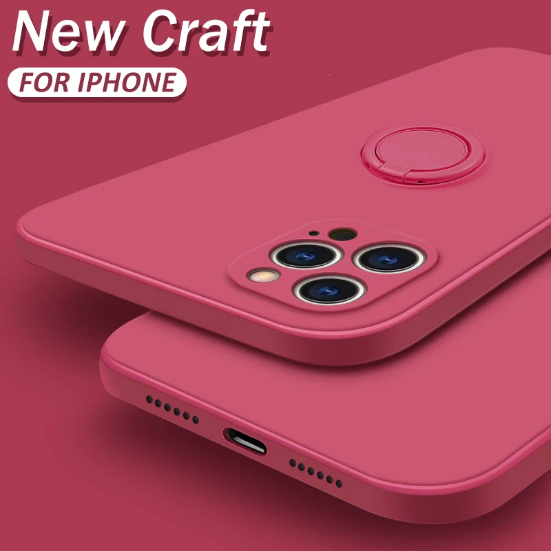 Original Liquid Silicone Luxury Case For Apple iPhone 12 11 Pro Max Mini 7 8 6 6S Plus XR X XS MAX SE 12 Stand Ring Holder Cover