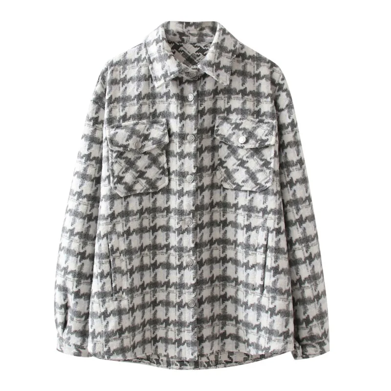 

Fashion Womens Tops Chic Coffee-Beige Plaid Full Sleeve Oversize Turn-down Collar Pockets Buttons Loose Casual Outwear Shirts