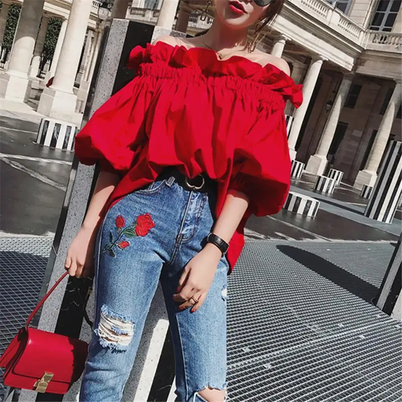 Off shoulder Sexy Top Puff sleeve Summer Chiffon blouses and shirts Red Ruffle Top Tee 2021 Fashion New