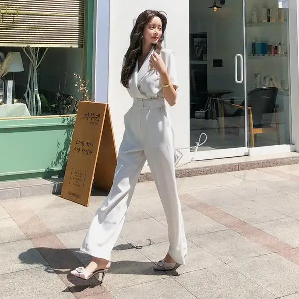 2020 летний женский комбинезон для офиса белый с коротким рукавом и v образным