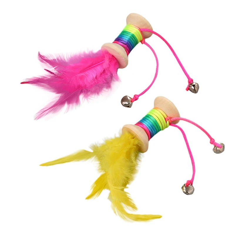 

Pet Cat Wooden Rolling Toy With Colorful Straps, Feather Bell Interactive Teaser Kitten Toy interactive cat toy durable Hot Sale