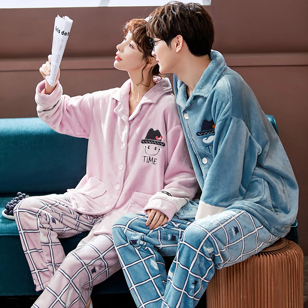 Winter Couple Pajamas Men Pajama Sets Double Sides Flannel Thick Warm Pijama Fashion Embroidery Sleep Tops Antistatic Loungewear