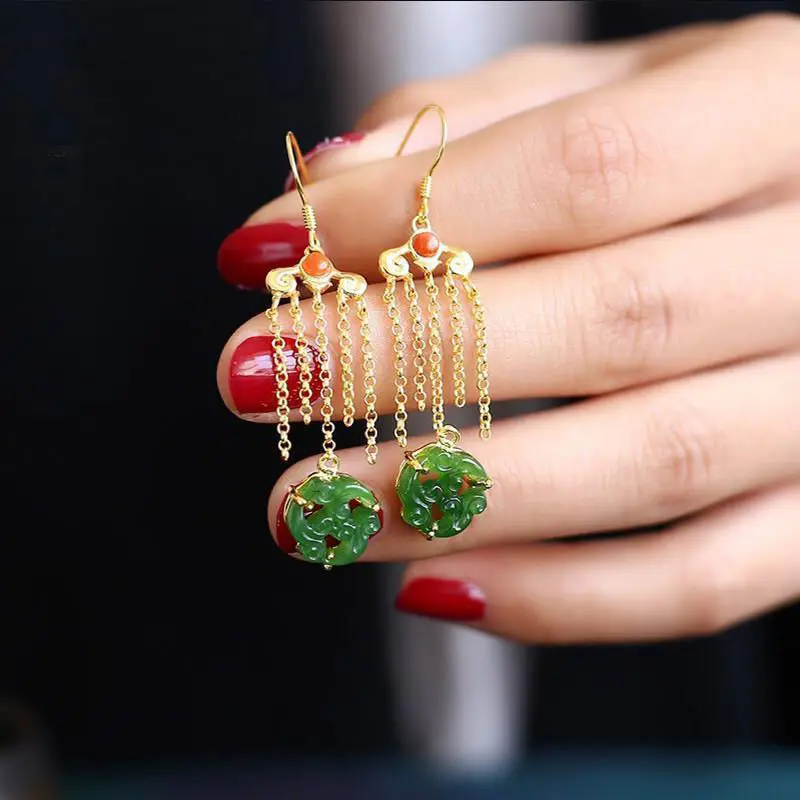 

Natural Hetian Jasper Earrings Chinese retro court style elegant tassel light luxury noble charm women silver jewelry