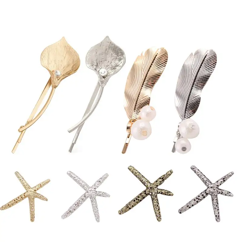 

8 шт. металлический зажим для волос с листьями, модная Морская звезда и Калла, перламутровый декор, сплав, французский заколка, заколка для во...