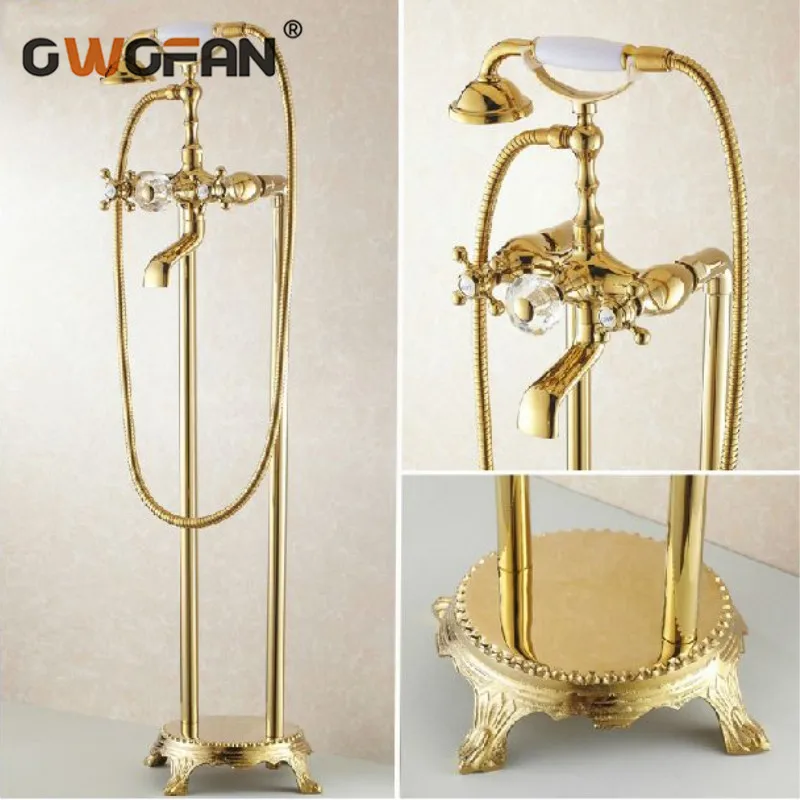 

Bathroom Golden Floor Stand Shower Faucets Luxurious Free Standing Bathtub Faucet Tap Dual Handle Plumbing Water Crane HJ-5028K