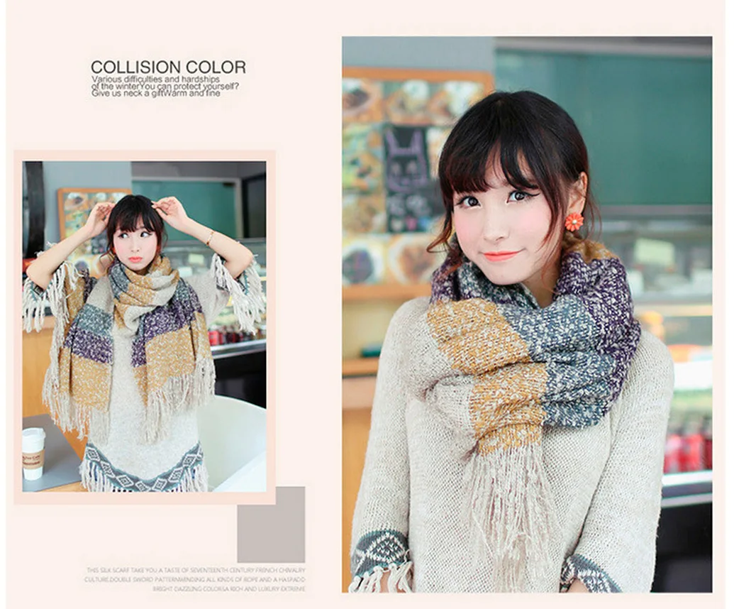 Женский зимний теплый шарф вязаный шерстяной кашемировый в клетку с кисточками 5