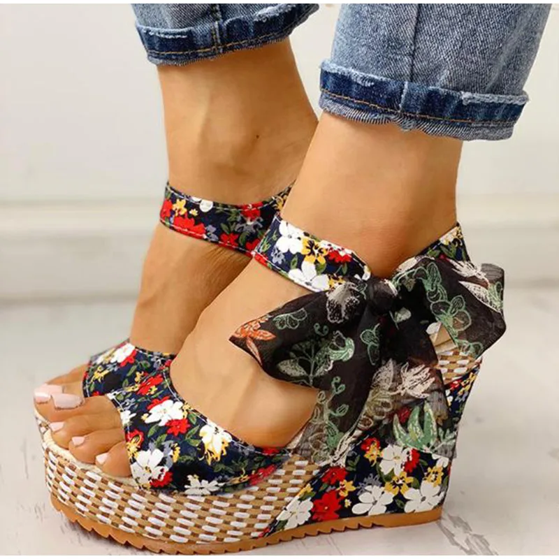 

2020Lucyever Summer Beach Boho Floral Wedge Sandals Women Ankle Strap Platform Gladiator Shoes Woman High Heels Sandalias Mujer