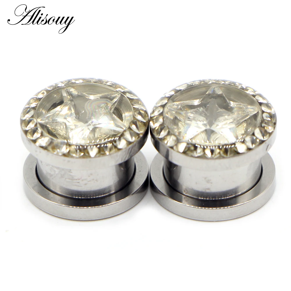 Alisouy 2pcs Pentagram Stainless Steel Double Flared CZ Star Ear Tunnel Flesh Plugs Orelha Gauges Earrings Body Piercing Jewelry - купить по