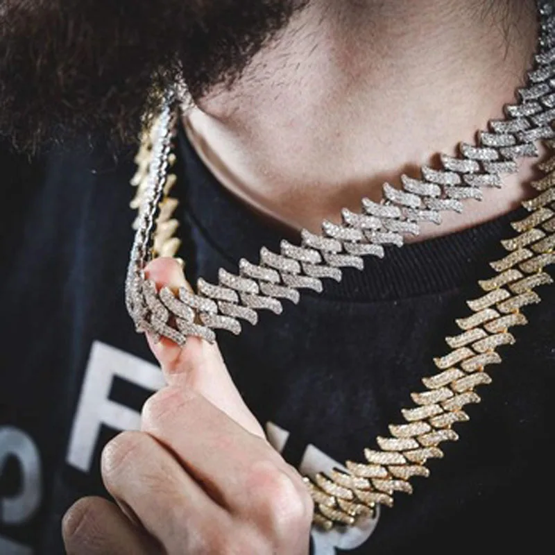 

15mm Spiked Cuban Link Chain Two Row 5A CZ Cubic Zirconia Iced Out Hip Hop Men Boy Jewelry Rock Punk Cuban Chain Necklace