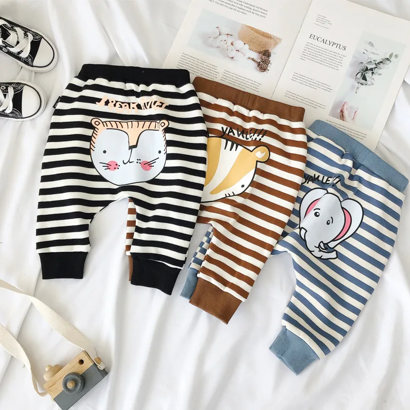 

Cartoon Lion, Fox, Elephant Striped Baby Pants for Newbron Spring Pants Cotton Harem Pants