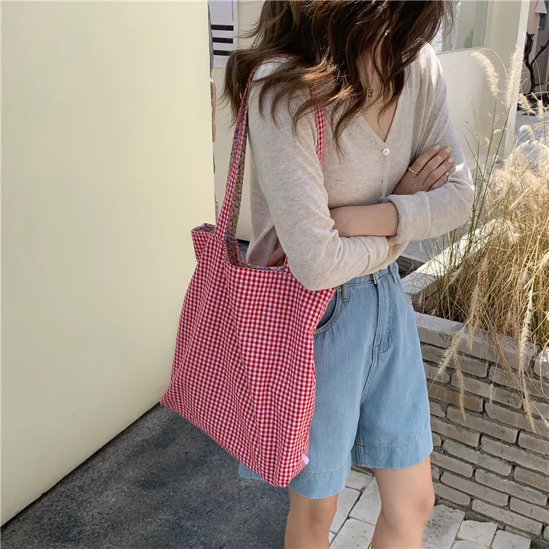 

Women's casual shopping bag women's canvas shoulder bag double-sided plaid printing environmental protection storage handbag