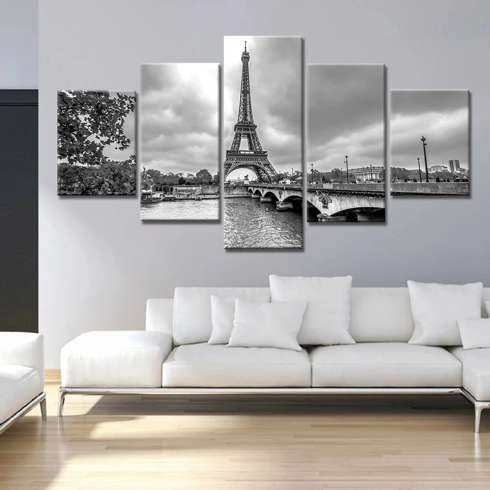 

5 Piece Black White Posters and Prints Wall Art Canvas Painting Decorative Paris Eiffel Tower Brooklyn Bridge Modern Home Decor