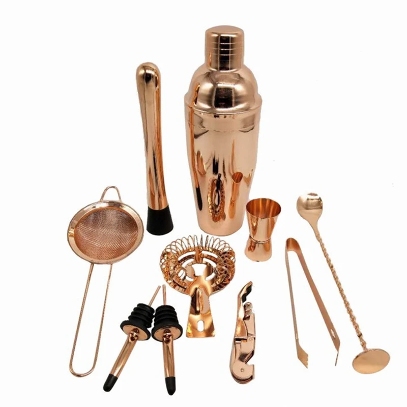 

Stainless Steel Cocktail Shaker Set Barware Kit With Square Wooden Rack Tool