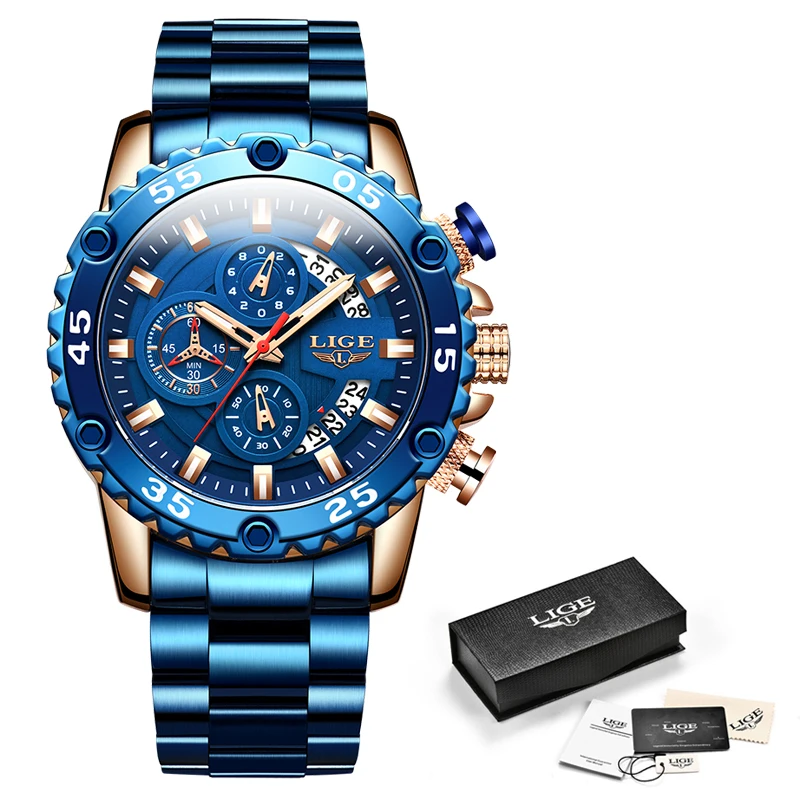 

LIGE Blue Watch Men Sports Chronograph LuxuryWatches Top Brand Waterproof Quartz Wrist Watches For Men Clock Relogio Masculino