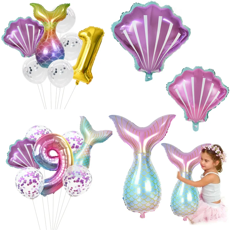 7pcs Mermaid Theme Party Decor Mermaid Tail Number Foil  Balloons For Girls Birthday Globos Baby Shower Party Supplies Kids Toys