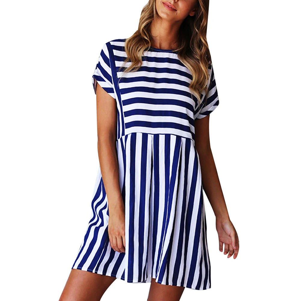 Женские летние платья 2020 Пляжное Платье в полоску с коротким рукавом мини-платье