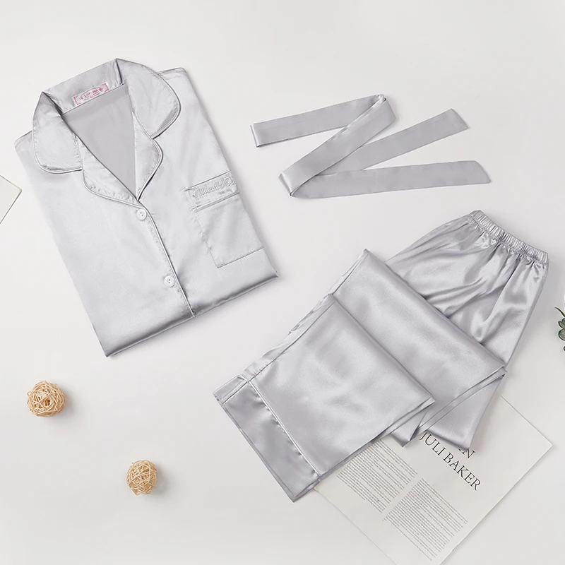 

Grey Pajamas Set Women Sexy Female Pyjamas Full Sleeve Shirt Pants Lingerie Homewear Solid Color Belt Fashion Sleepwear