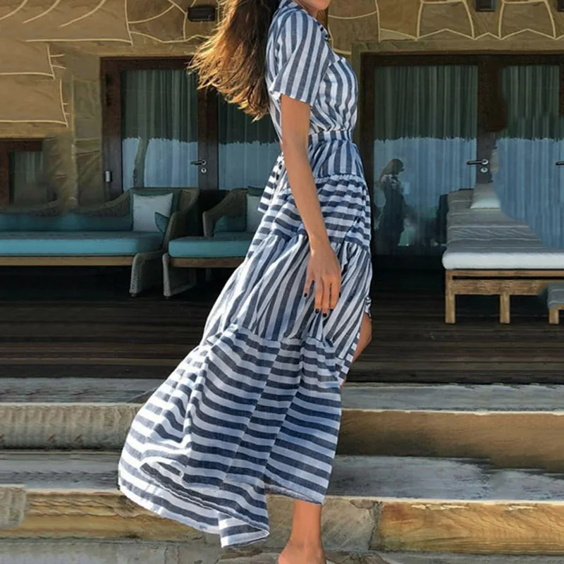 Женская летняя Новинка 2019 модное сексуальное платье в полоску с разрезом и