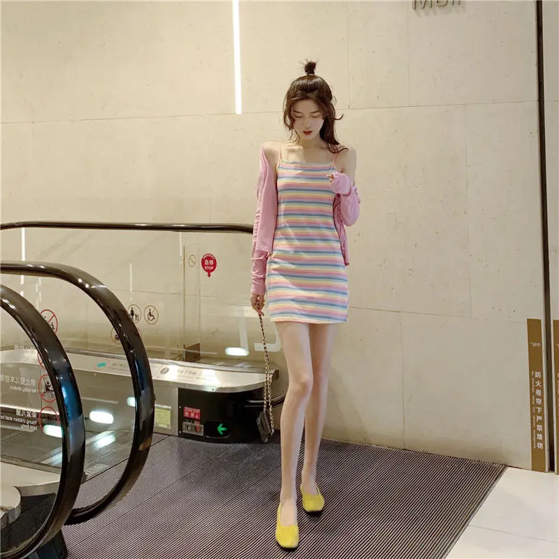 

Summer new knitted rainbow Pinstripe slim and versatile simple suspender dress