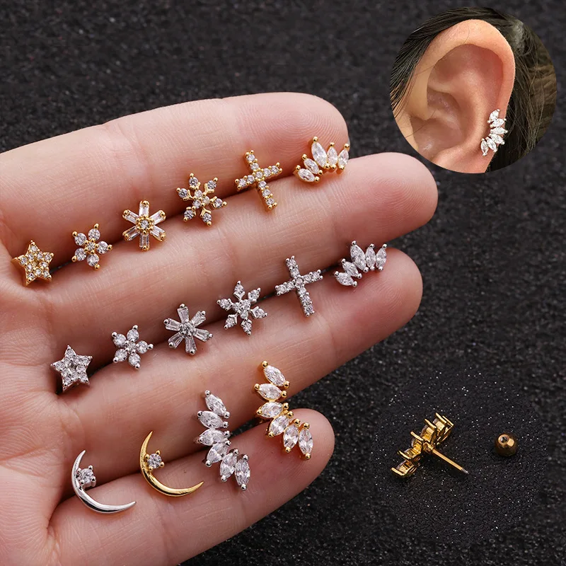 

1PC Snow Cross Zircon Helix Cartilage Tragus CZ Ear Piercing Cartilage Helix Earring Piercing Jewellery body jewelry for women
