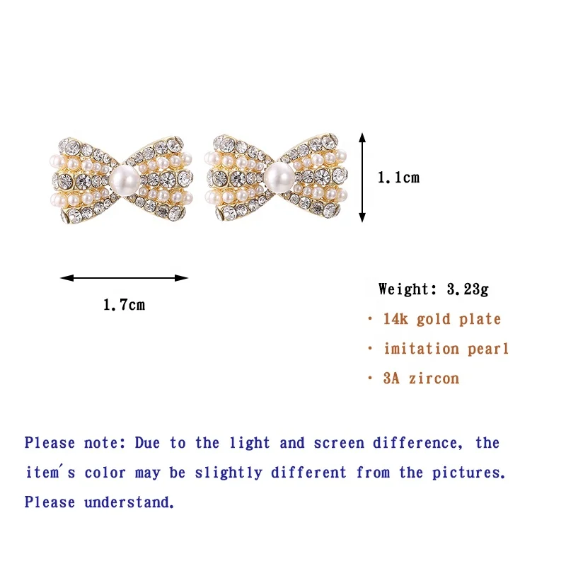 

ONYSS Cute Bowknot Pearl Decorate Rhinestone Crystal 925 Silver Stud Earrings Women 2021 Trend
