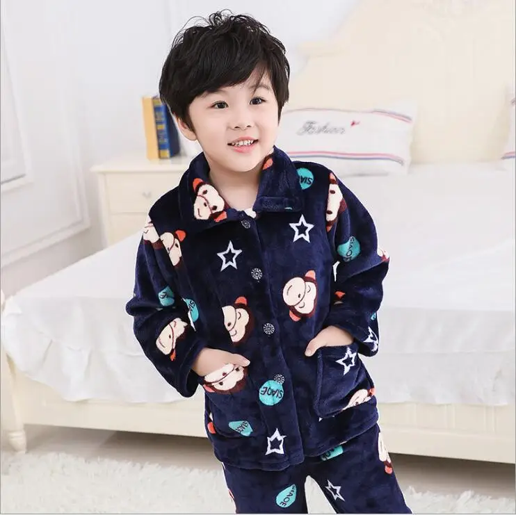 Navy 02 Pajamas Теплая зимняя Пижама; Фланелевая Пижама для детей; комплект для маленьких мальчиков и девочек; детские пижамы с рисунком; пижамы для младенцев - Цвет: Navy 02 Pajamas