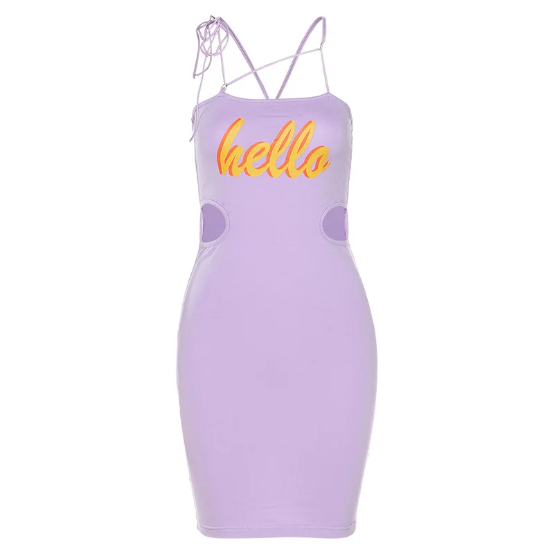 

Ladies Fashion Letter Print Halter Hollow Halter Dress Female Tie Bowknot Wrapped Girl Tight Skirt