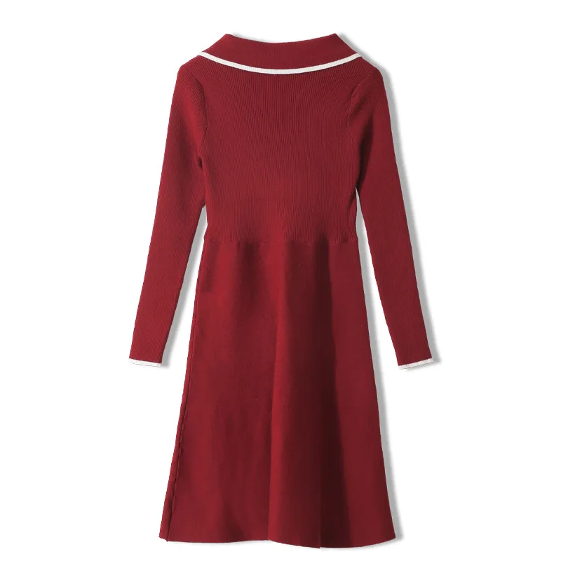 

Winter Autumn Plus Size Women Red Knitted Elegant Vestidos Office Lady Long Sleeve High Waist A-Line Bushness Casual Dresses