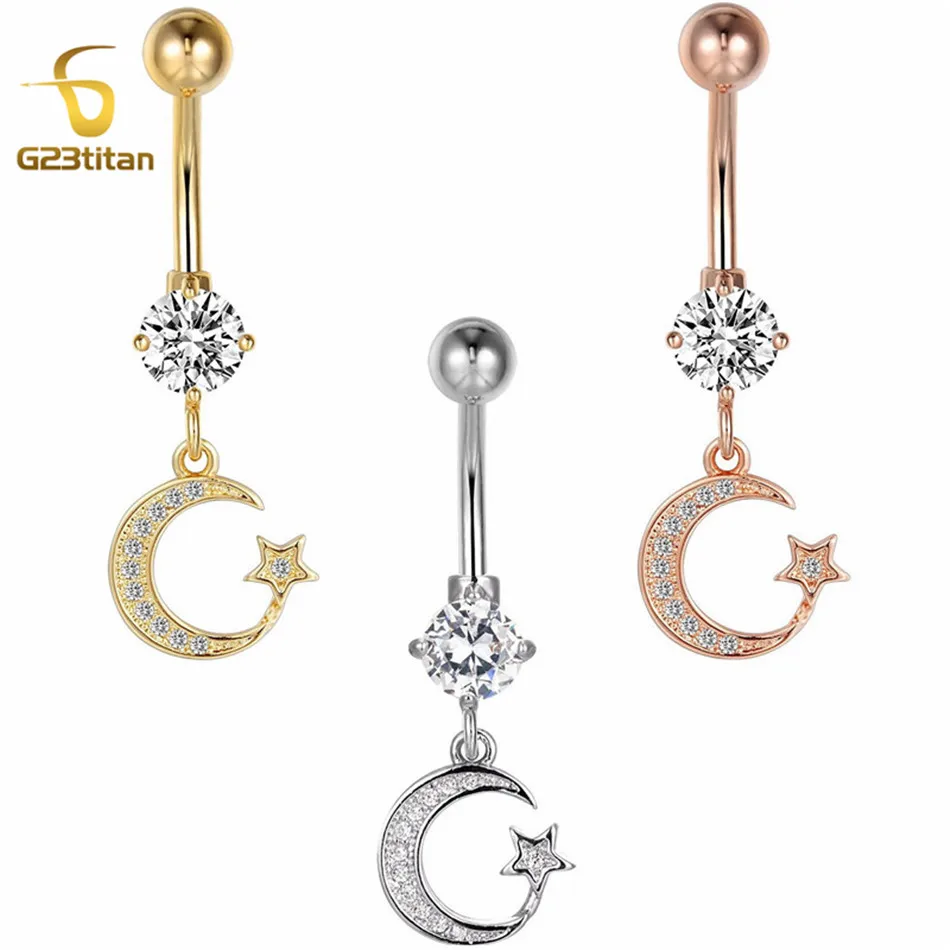 

G23Titan Star Moon Crystal Pendant Belly Button Ring 16G Titanium Rod Body Piercing Jewelry for Ladies Beach Body Chain