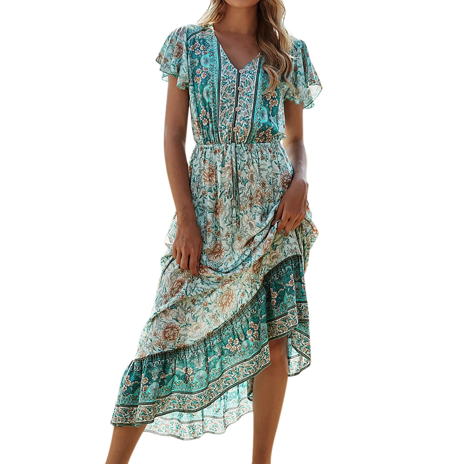 

2021 New Skirt Women's Dress Floral Printing V-neck Fashion Holiday Style Short Sleeve Dress