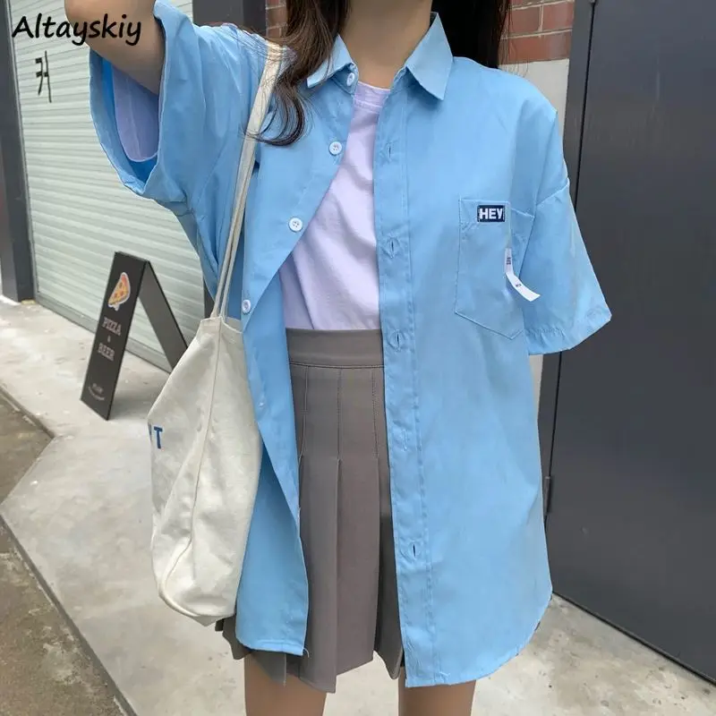 

Рубашка женская с коротким рукавом, однобортная Свободная блузка с карманами для молодых студентов, стильная базовая одежда в стиле преппи,...