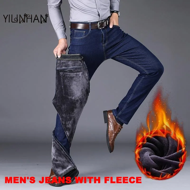 

YILINHAN 2021 Winter New Men's Warm Slim Fit Jeans Business Fashion Thicken Denim Trousers Fleece Stretch Brand Pants Black Blue